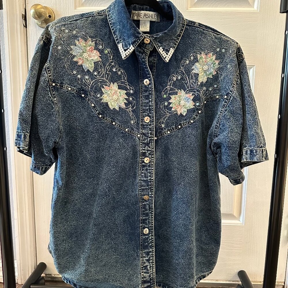 Vintage Jane Ashley Floral Jean Button Up with Pearl & Sequin Embellishments Siz